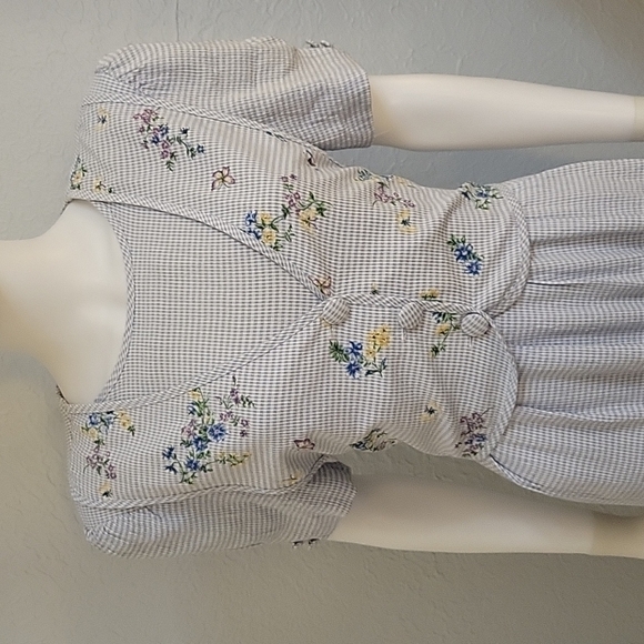 ANOTHER THYME 1980s Icy Blue Floral Gingham Tie Back Coquette Land Girl Dress - Picture 5 of 10